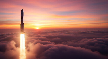 Modern space rocket ascends at sunset with glowing cloud trail