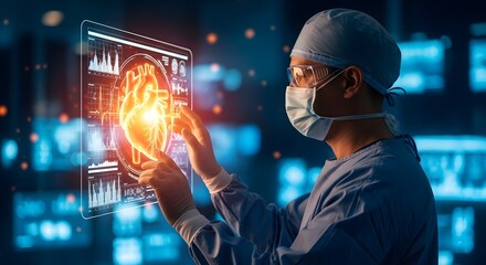 Cardiologist interacts with a holographic heart projection for medical diagnosis and treatment, using advanced digital health technology.