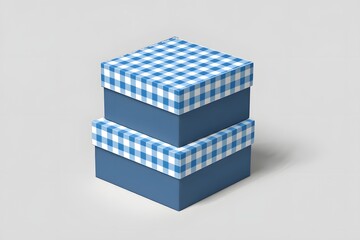 Stack of blue gift boxes with checkered pattern lids for presents and storage needs