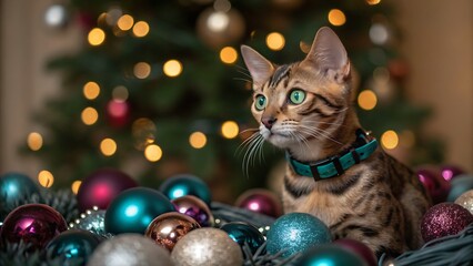 Bengal cat amongst christmas ornaments with festive bokeh lights