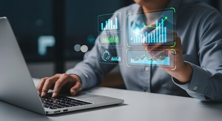 Modern professional analyzes financial data with digital dashboard on laptop for better business decisions.
