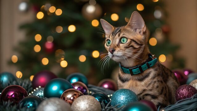 Bengal cat amongst christmas ornaments with festive bokeh lights