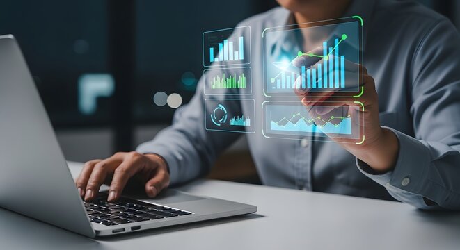 Modern professional analyzes financial data with digital dashboard on laptop for better business decisions.