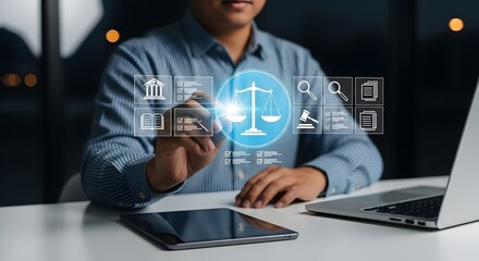 Obraz premium Person interacts with legal technology icons on a screen, representing justice, regulations, and digital legal solutions.