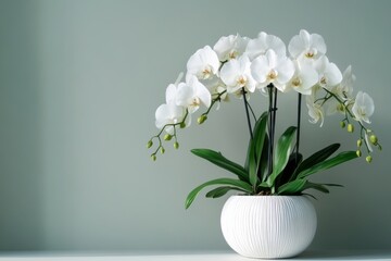 A white orchid plant blooms in a white pot on a white table