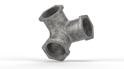 Metallic Three-way Pipe Connector. Isolated. White background. 3D render