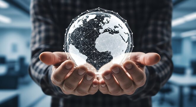 Hands holding a digital globe, representing global technology, innovation, and future of global connectivity and communication