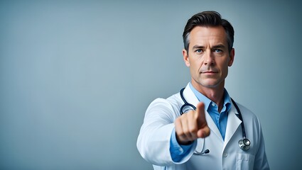 Find a doctor online: male physician pointing at you for healthcare and telemedicine