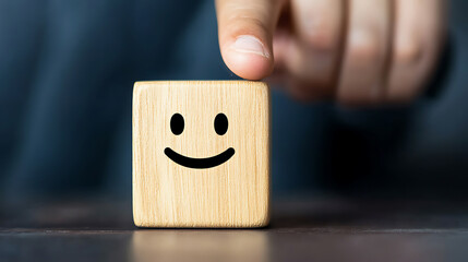 Positive Feedback: A simple wooden block with a happy face is being tapped by a fingertip, representing customer satisfaction and feedback.