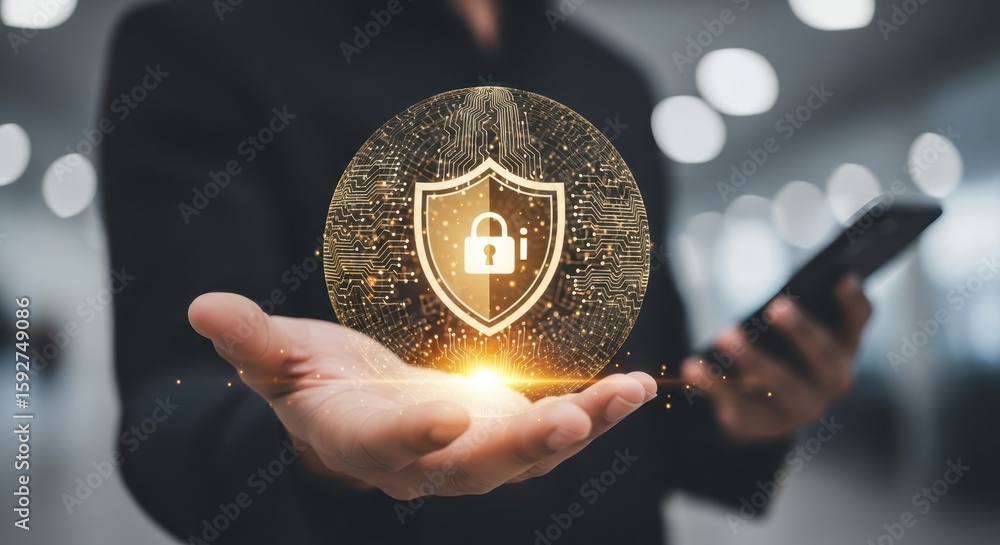 Aufkleber photo of a person holds a smartphone while a glowing digital shield with a lock icon, surrounded by 