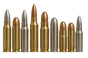 Different types of bullets standing on transparent background