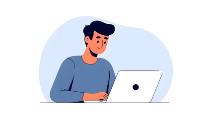 Illustration of man using laptop for work from home remote job online learning task