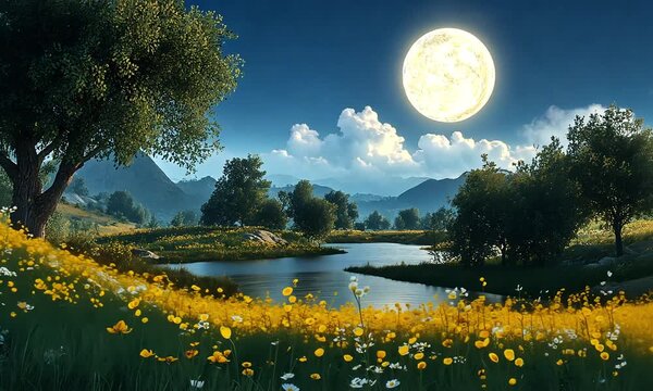 Serene Moonlight Meadow by a River