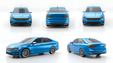 Modern blue sedan car in multiple views exhibiting sleek design