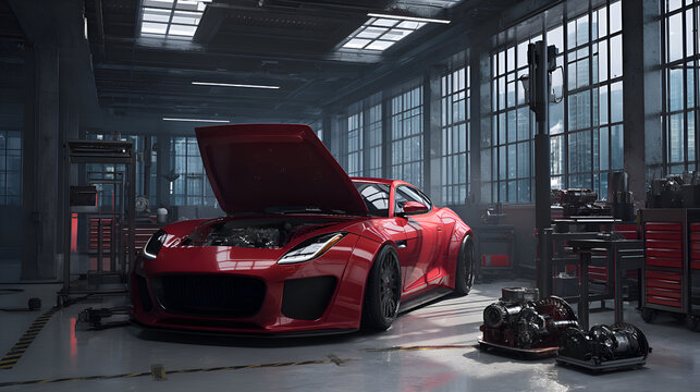 Red sports car undergoing maintenance in a modern garage