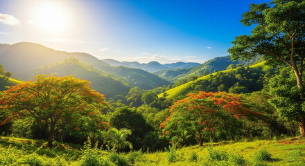 Obraz premium Lush Green Hills Under a Bright Blue Sky A Verdant Mountain Landscape, a Peaceful Serene Vista.