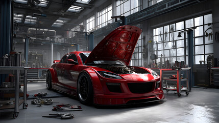 Red sports car undergoing maintenance in a garage