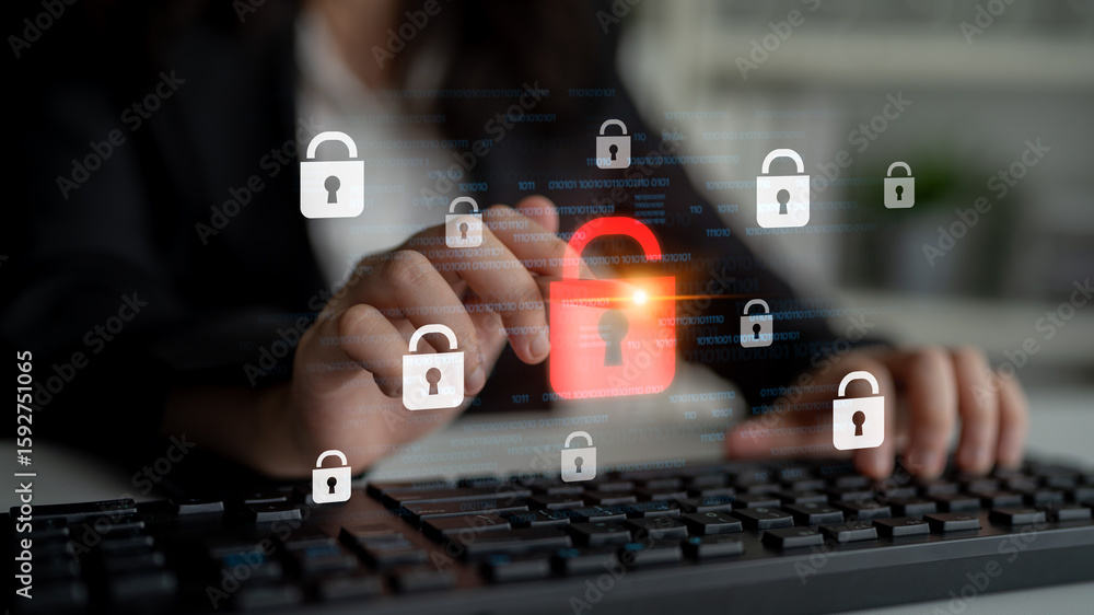 Poster digital security concept illustrating a cybersecurity breach, with a red unlocked padlock indicating