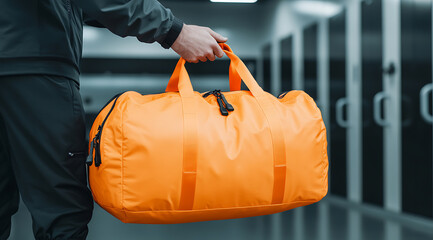 Person carrying a bright orange duffel bag in a hallway, showcasing travel or gym gear. Focus on color contrast and modern style.