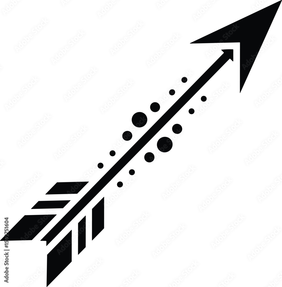 Poster black and white arrow with dots and feathers pointing upwards on a white background