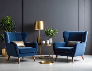 Dark moody living room with blue armchairs