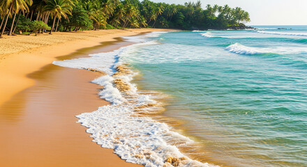 Obraz premium Tropical Beach Paradise Sandy Shoreline and Turquoise Waters Under Palm Trees