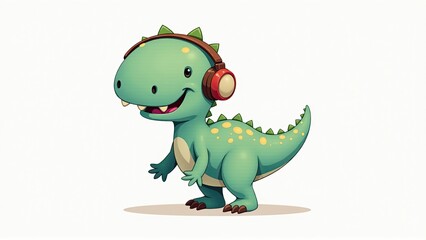 Fototapeta premium A cheerful cartoon dinosaur is wearing headphones, adding a touch of fun to its playful look.