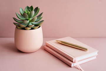 Green succulent plant in pink pot with notebooks and pen