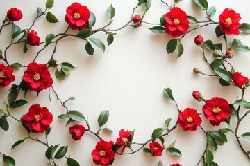 A red camellia flower wreath frames a blank white background beautifully