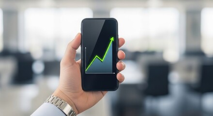 Hand Holding Smartphone Displaying Upward Trend Chart with Green Arrow
