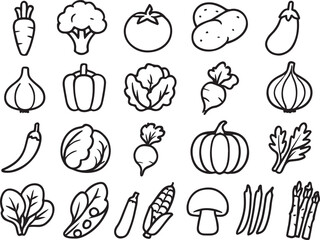 Assorted fresh vegetables and produce line art carrot broccoli