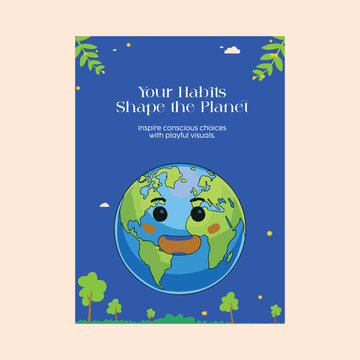 Colorful flyer template with a happy Earth illustration and eco message. Perfect for promoting sustainability, green living, eco habits, and environmental education with a fun, playful design.
