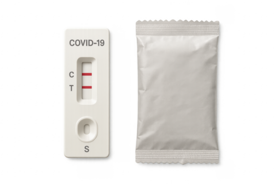 Positive COVID 19 rapid antigen test showing two red lines with blank sachet on transparent background