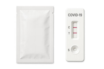 COVID 19 rapid antigen test showing positive result and blank sachet on transparent background