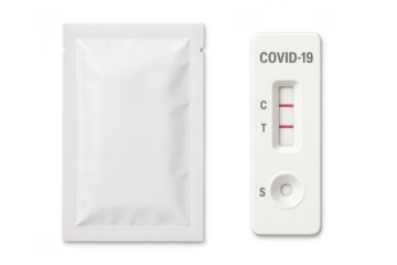 COVID 19 rapid antigen test showing positive result and blank sachet on transparent background