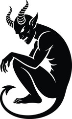 A black silhouette of a crouching devil with horns and a tail on a white background