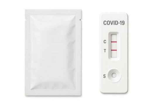 COVID 19 rapid antigen test showing positive result and blank sachet on transparent background