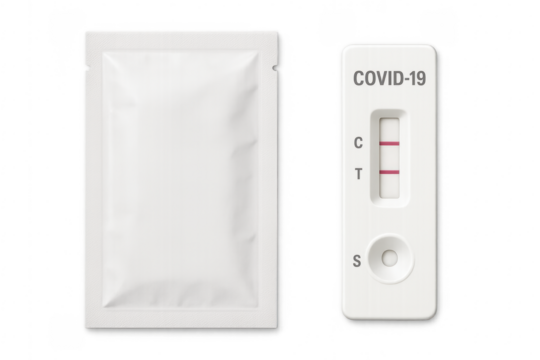 COVID 19 rapid antigen test showing positive result and blank sachet on transparent background