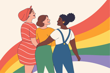 A diverse group of beautiful women of all skin tones embrace body positivity and unity in a skincare ad, modern flat illustration style