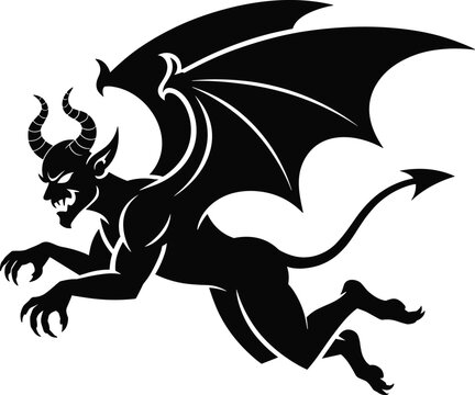 recommend clip art: Silhouette of a flying devil creature with horns wings and a long pointed tail