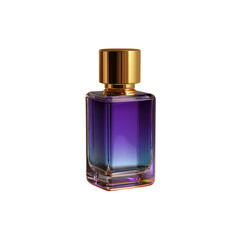 Flat square perfume bottle with metallic gold cap and vertical ombré purple label on white background