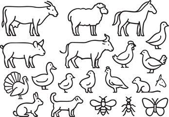 Farm animals and insects line art collection livestock domestic animals