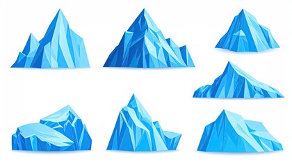 Collection of stylized, light blue ice mountain illustrations