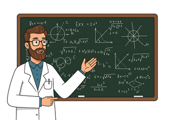 A male teacher in a white lab coat stands in front of a chalkboard covered with various mathematical formulas and diagrams.