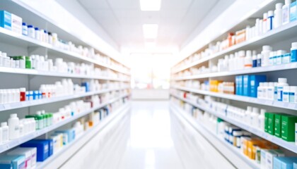 Blurred shelves filled with various medical products in a pharmacy background, highlighting healthcare supplies, pharmaceutical items, medicine packaging, and clinical retail environment.