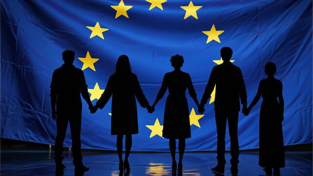 Silhouettes of people holding hands in front of European Union flag symbolizing unity, solidarity and cooperation. - Powered by Adobe