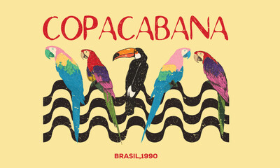 Amazing brasil. Copacabana beach art. Rio de janeiro. Summer vibes artwork. Toucan and macaw artwork. Rio typography. Palm tree artwork. Tropical paradise. Tropical vibes t shirt artwork.
