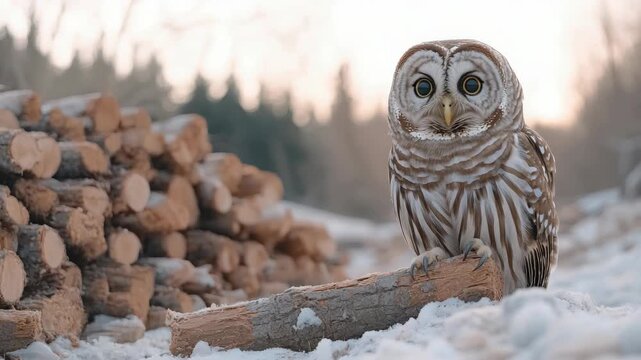 An owl stands gracefully on a log next to a stack of logs, surrounded by a serene snowy environment bathed in soft evening light