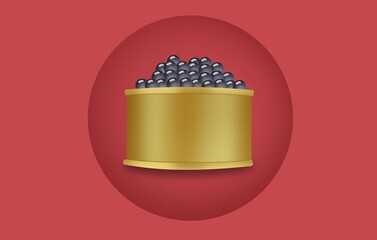 Open can of caviar on a circular red gradient background