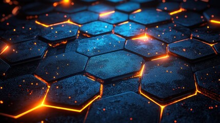 Abstract hexagonal geometric pattern, glowing, futuristic design. Possible use Background